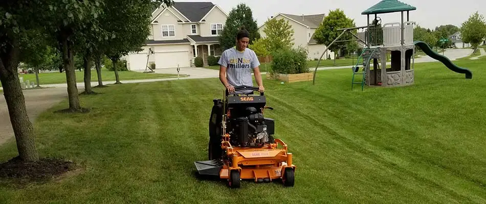 Lawn mowing a residential neighborhood property near Noblesville, IN.